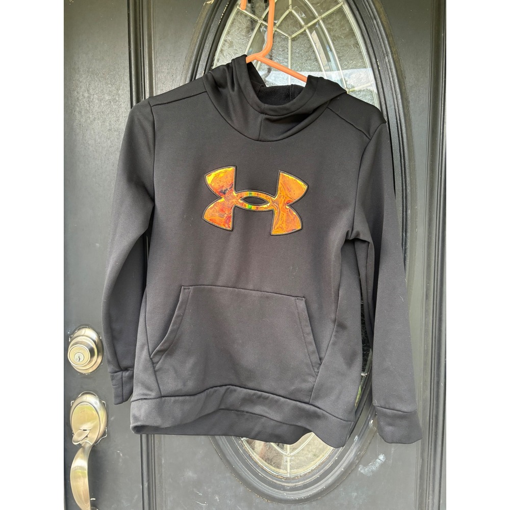 Under Armour Boys Hoodie Black Iridescent Orange Logo Youth Large YLG Loose Fit